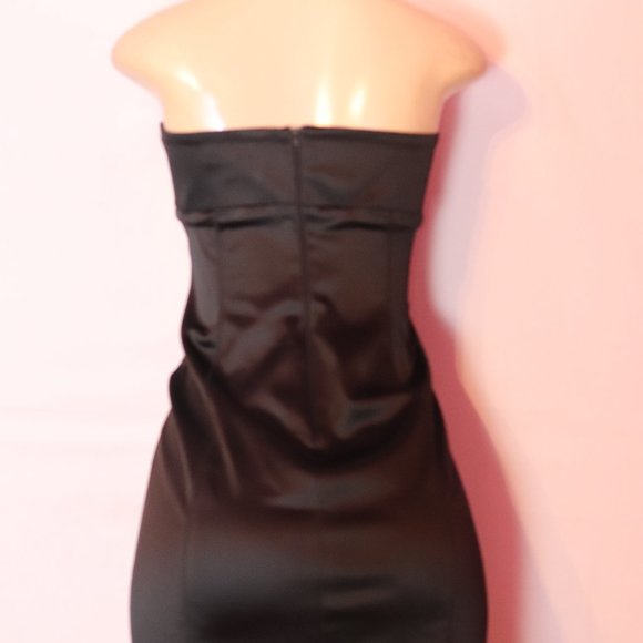 bebe BRAND MADE IN THE USA STRETCH SATIN STRAPLESS BLACK BODYCON DRESS LARGE - Picture 4 of 4
